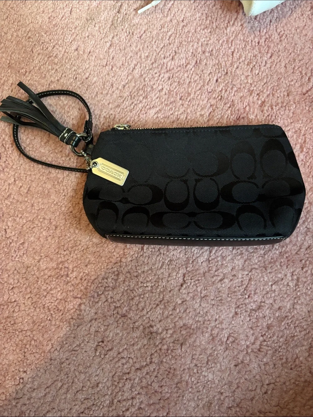 Coach Black Signature Zip Wristlet with Tassel